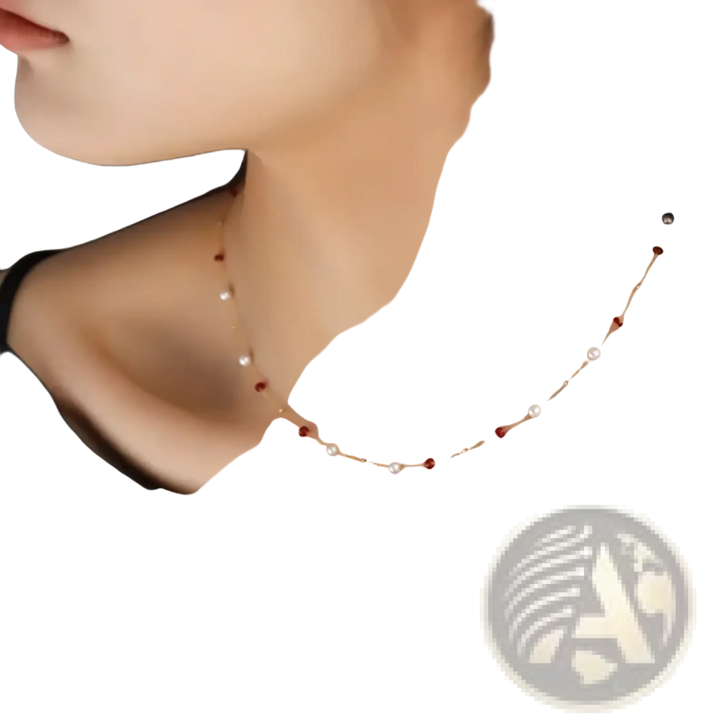 18k gold pearl ruby pendant necklace with a delicate gold chain featuring alternating white pearls and red gemstones