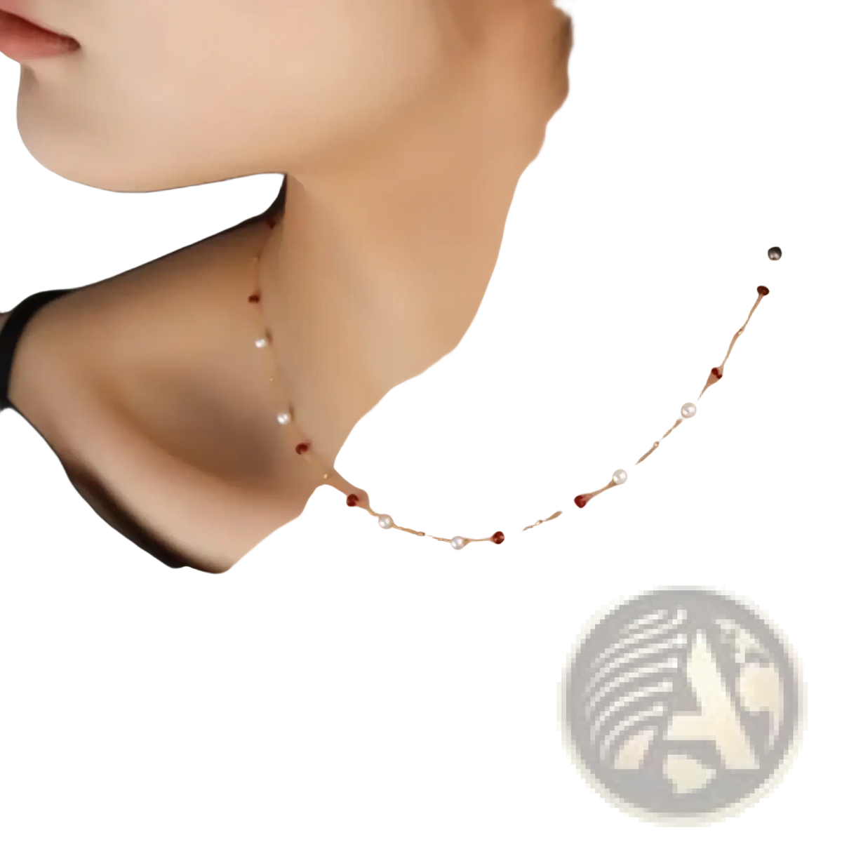 18k gold pearl ruby pendant necklace with a delicate gold chain featuring alternating white pearls and red gemstones