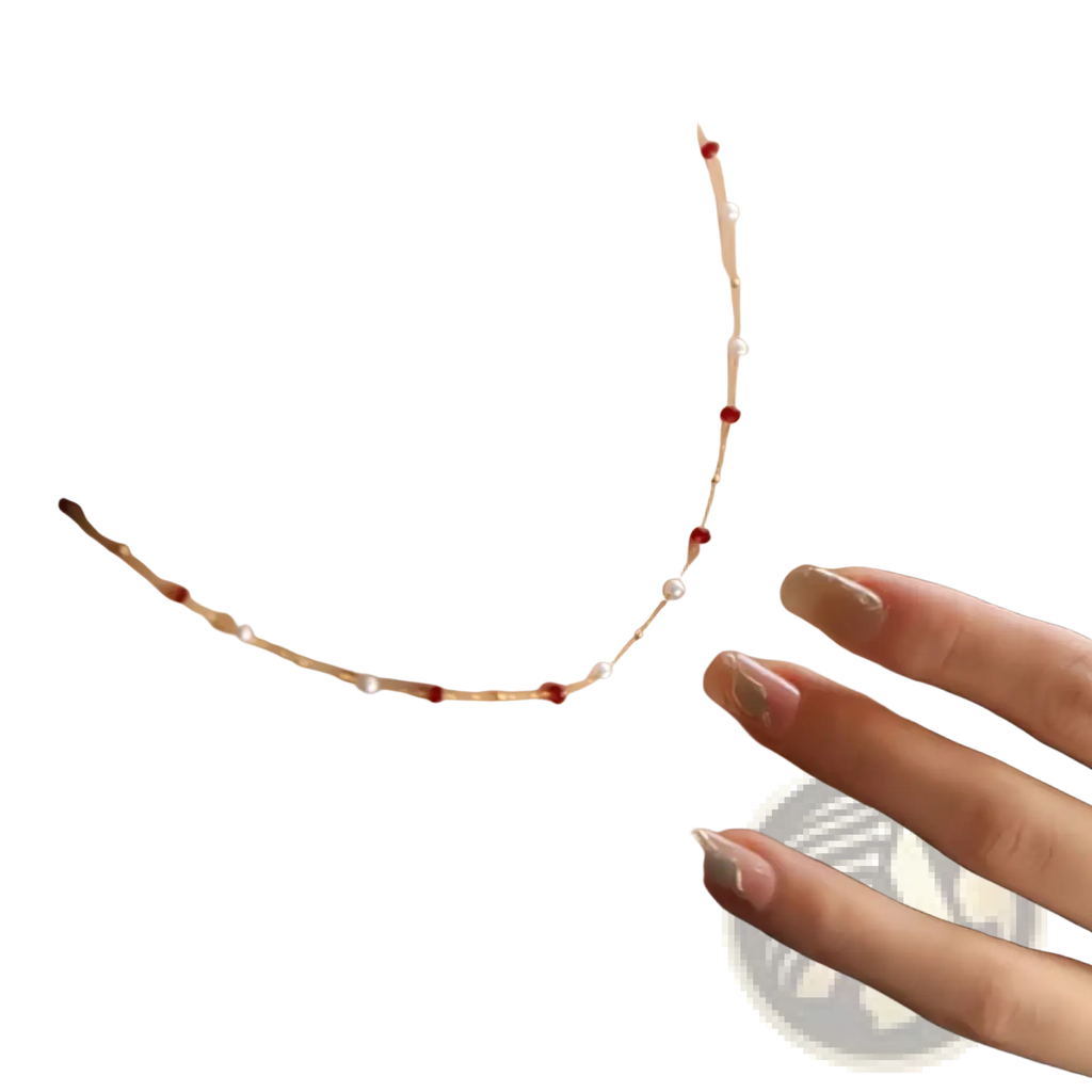 18k gold necklace featuring a delicate chain with alternating red rubies and white pearls pendant design