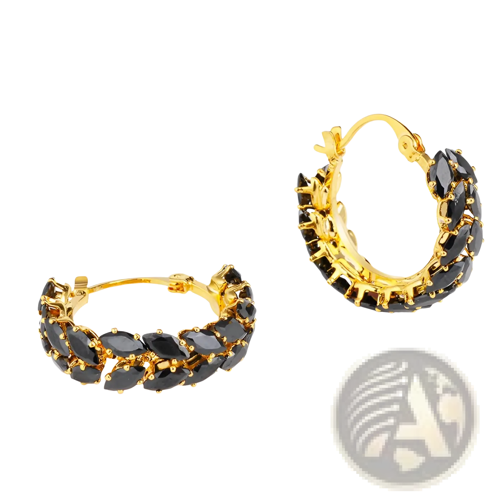 18k gold plated hoop earrings featuring a double row of faceted black marquise zircon stones