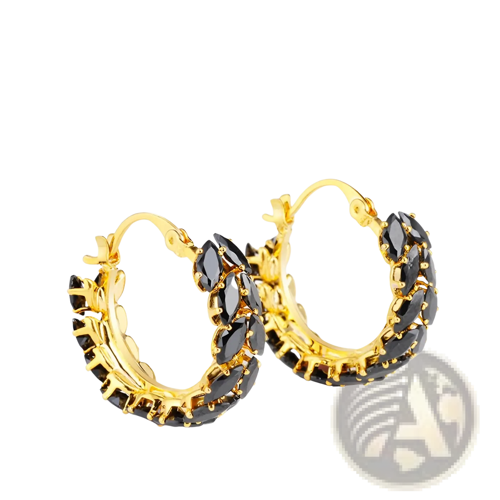 18k gold plated hoop earrings adorned with black marquise cut zircon stones in an elegant design
