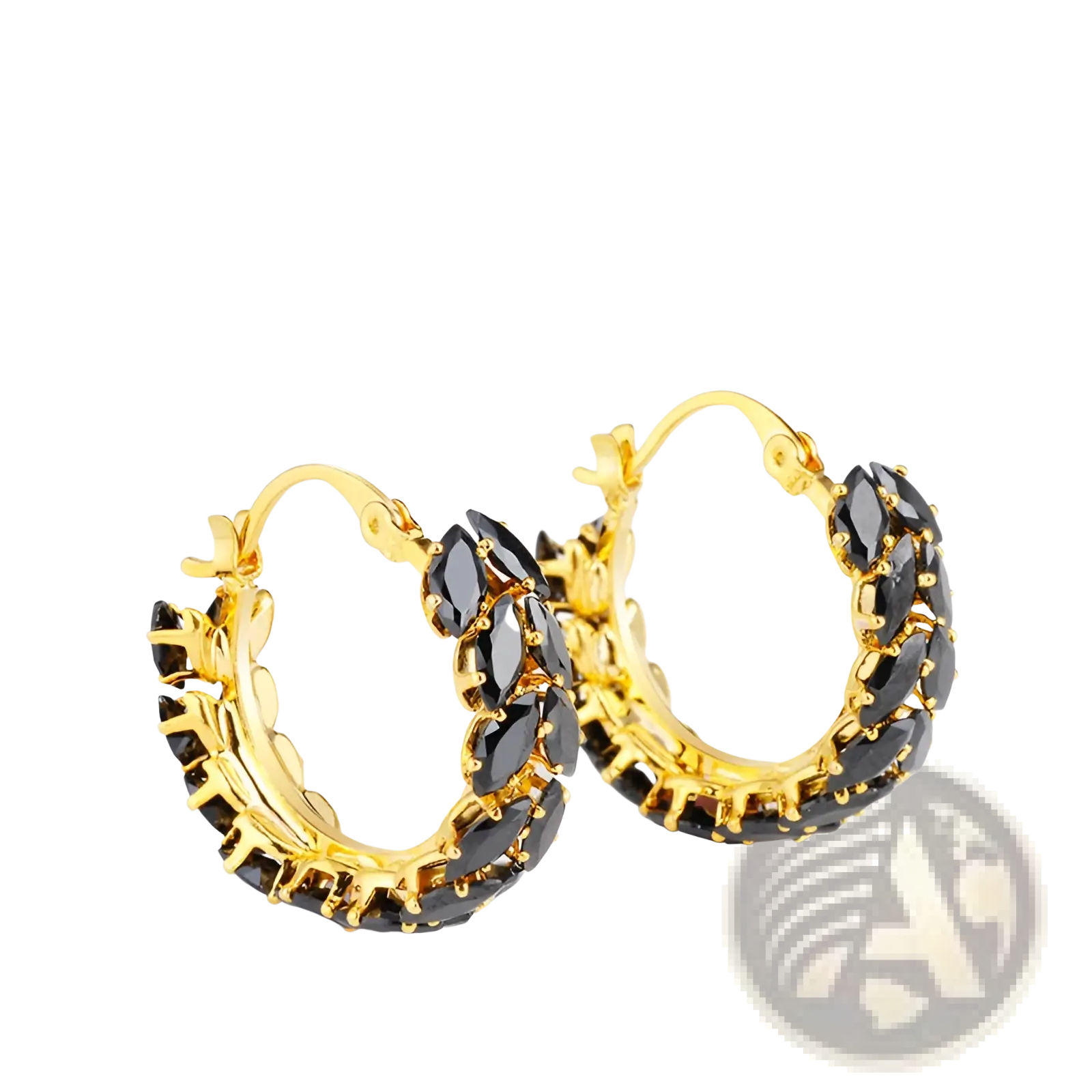 18k gold plated hoop earrings adorned with black marquise cut zircon stones in an elegant design