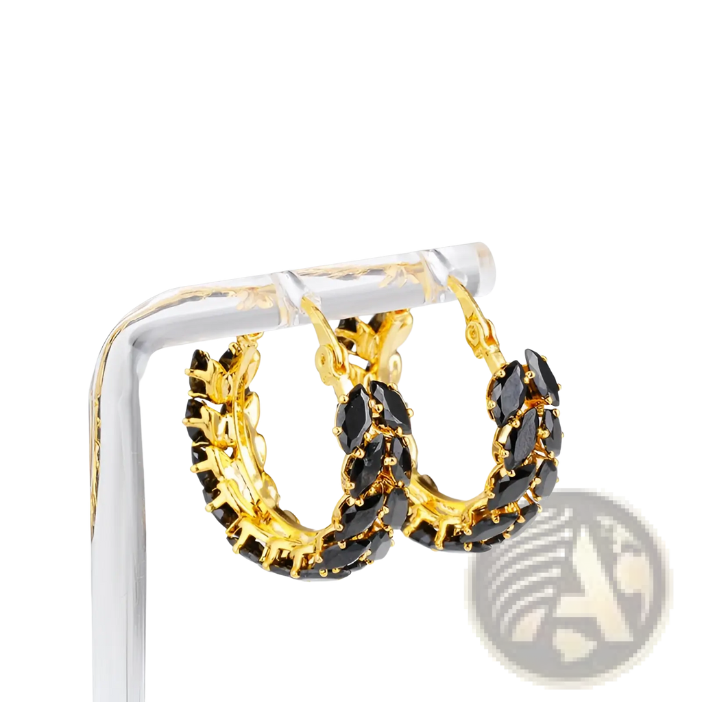 18k gold plated hoop earrings with black marquise zircon stones in a gold tone for elegant wear
