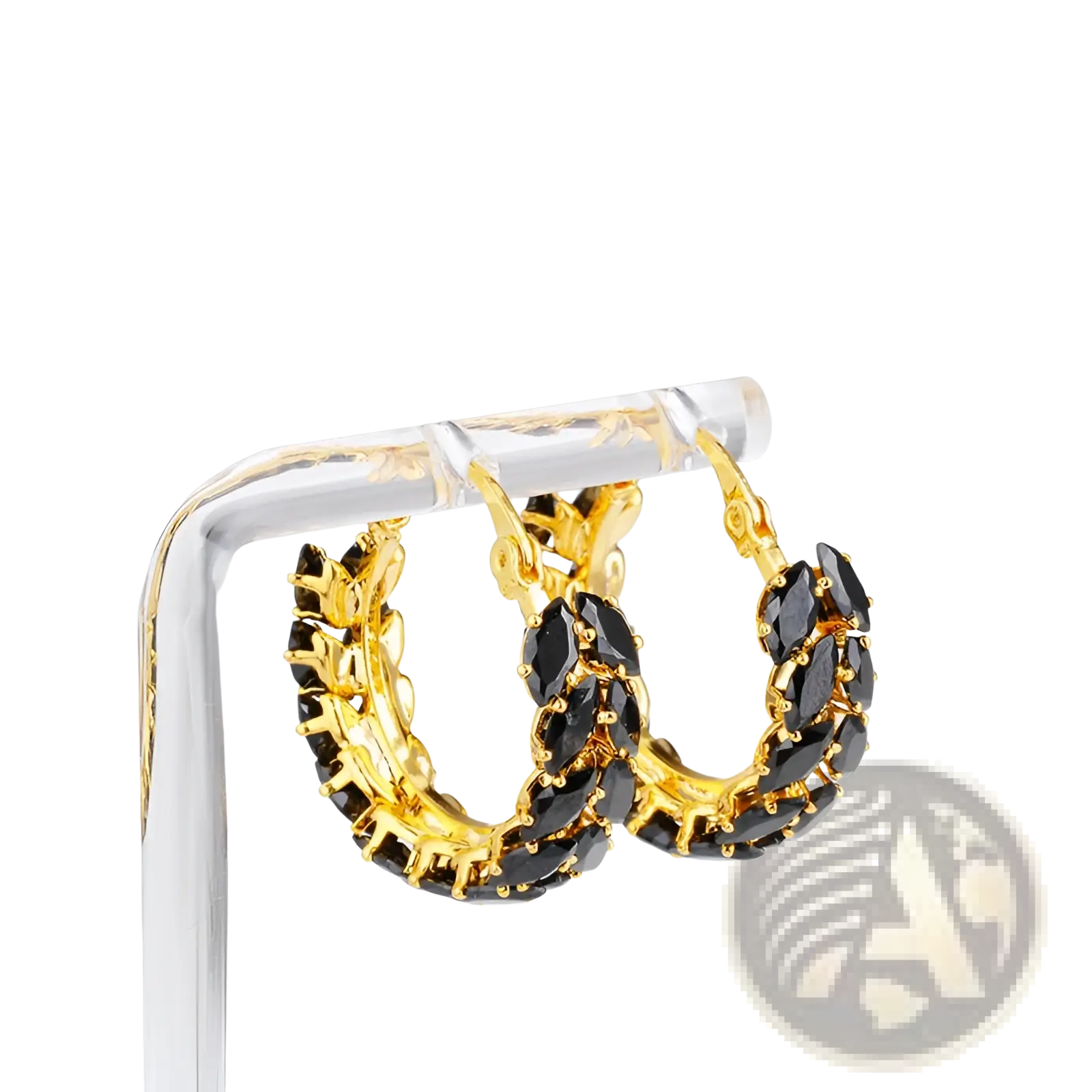 18k gold plated hoop earrings with black marquise zircon stones in a gold tone for elegant wear