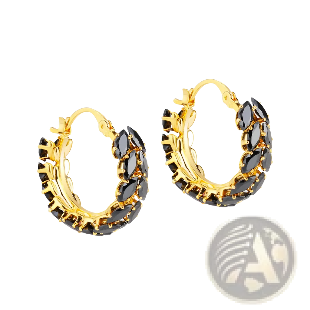 18k gold plated hoop earrings adorned with black marquise zircon stones in a sleek elegant design