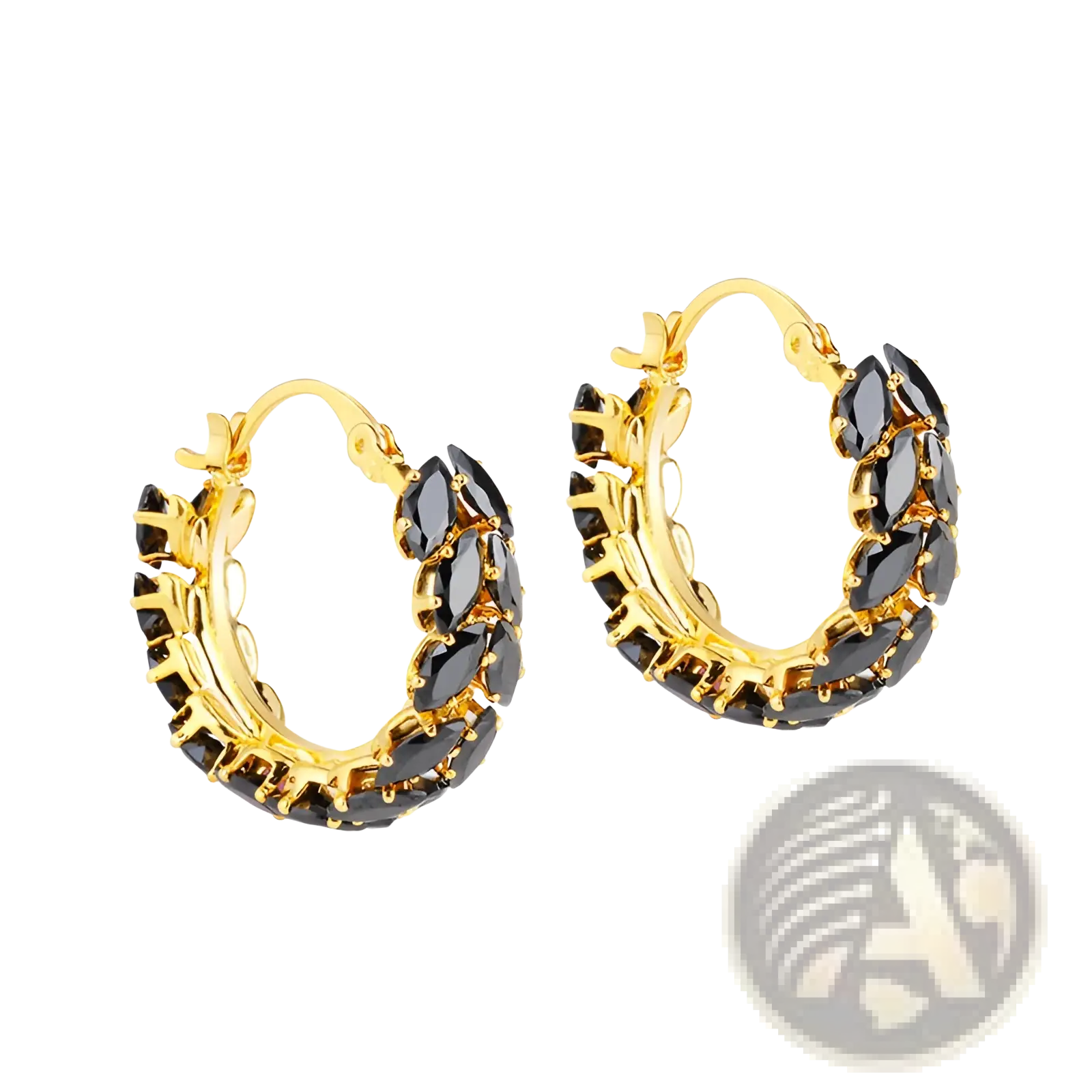18k gold plated hoop earrings adorned with black marquise zircon stones in a sleek elegant design