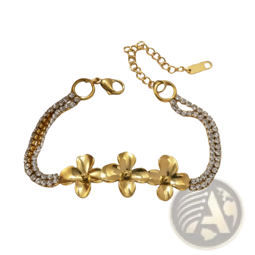 18k gold plated crystal flower double strand bracelet with gold-toned flower charms and sparkling rhinestones