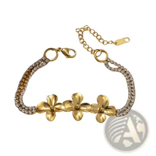 18k gold plated crystal flower double strand bracelet with gold-toned flower charms and sparkling rhinestones