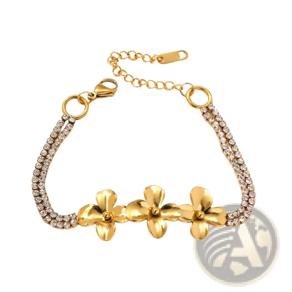18k gold plated crystal flower double strand bracelet with three flower charms and two rows of rhinestones