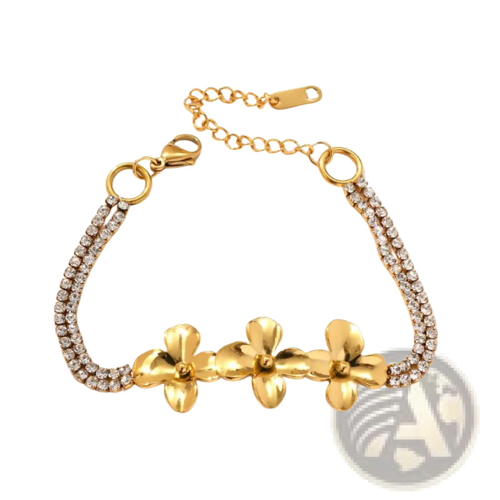 18k gold plated crystal flower double strand bracelet with gold-toned band, three flower charms, and rhinestone details