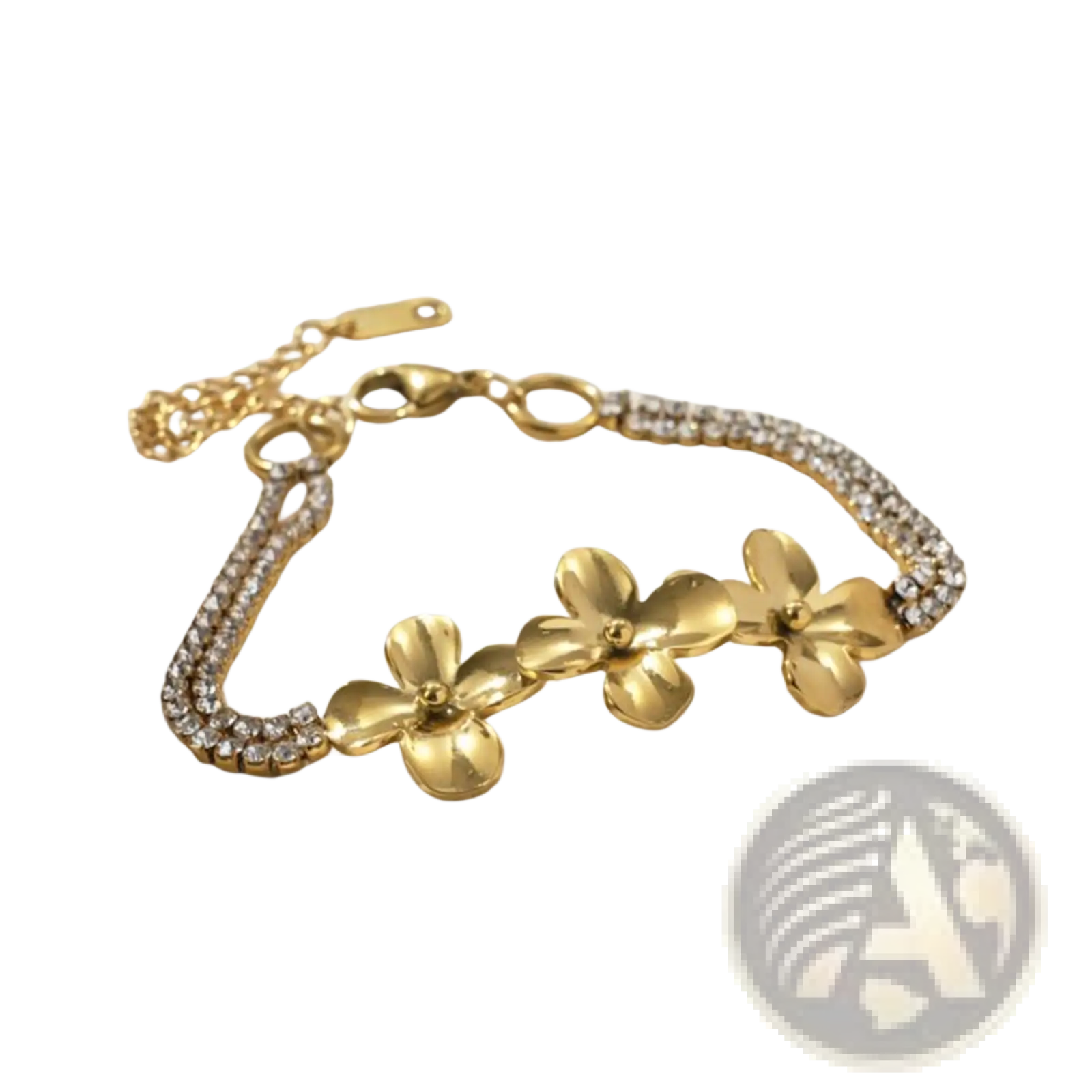 18k gold plated crystal flower double strand bracelet with gold-toned floral design and clear crystal embellishments