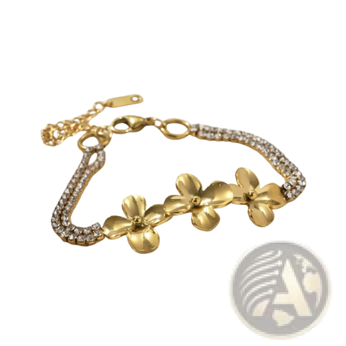 18k gold plated crystal flower double strand bracelet with gold-toned floral design and clear crystal embellishments