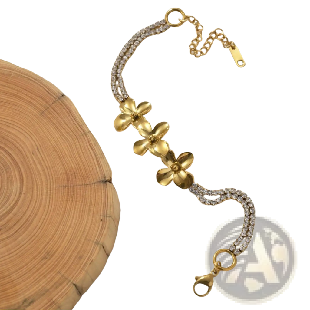 18k gold plated crystal flower double strand bracelet with gold-toned three-dimensional floral charms and clear stones