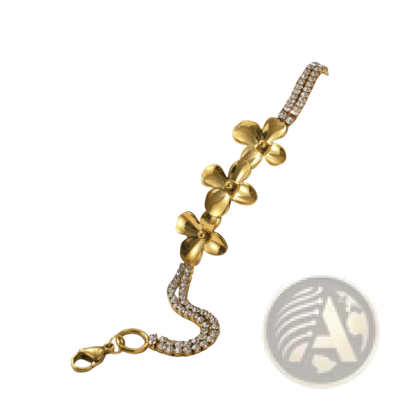 18k gold plated crystal flower double strand bracelet with gold-toned 3d flower charms and clear crystal chain