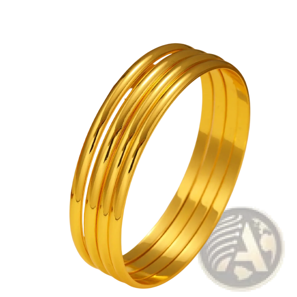 Set of four sleek polished 18k gold plated minimalist stackable bangles with a smooth reflective finish