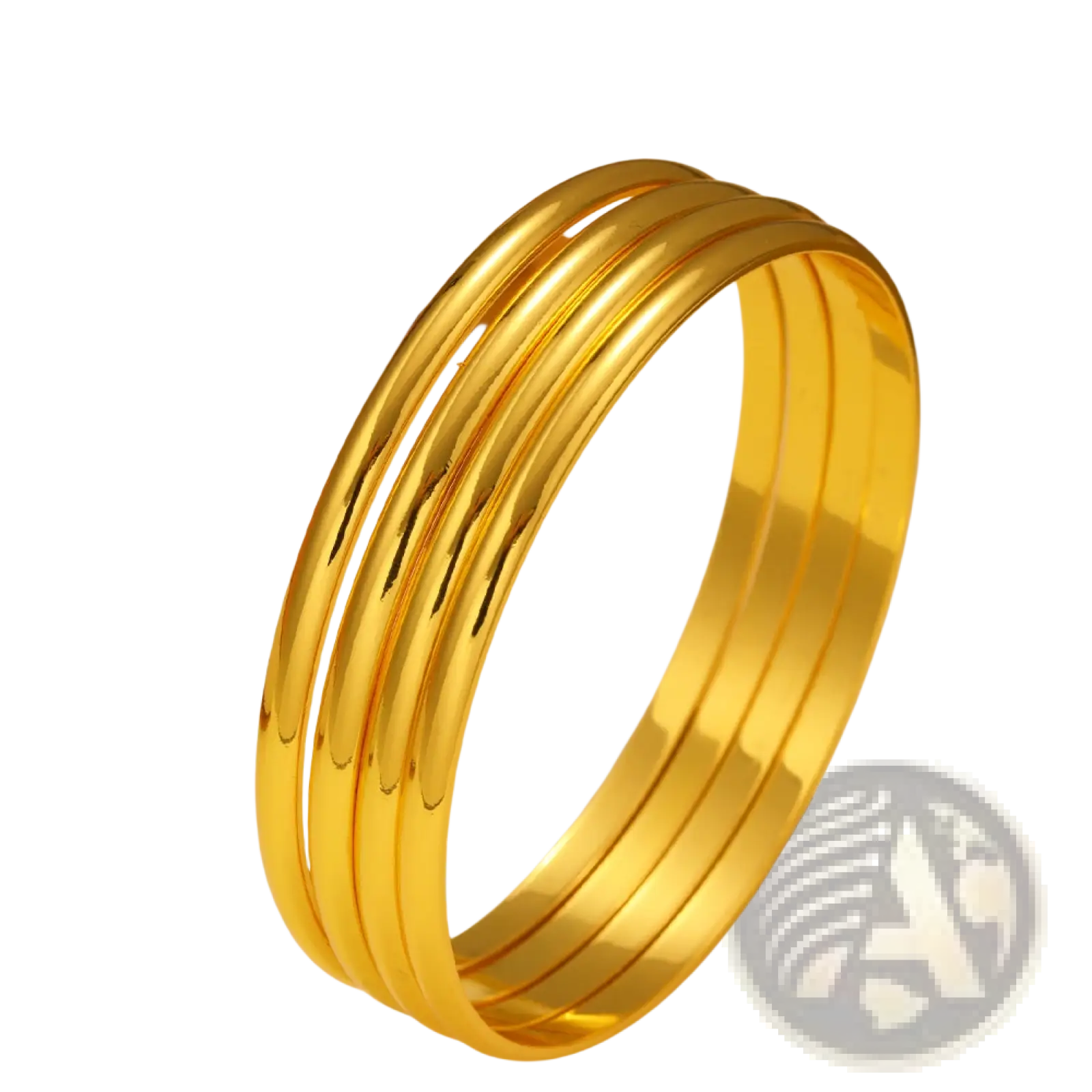 Set of four sleek polished 18k gold plated minimalist stackable bangles with a smooth reflective finish