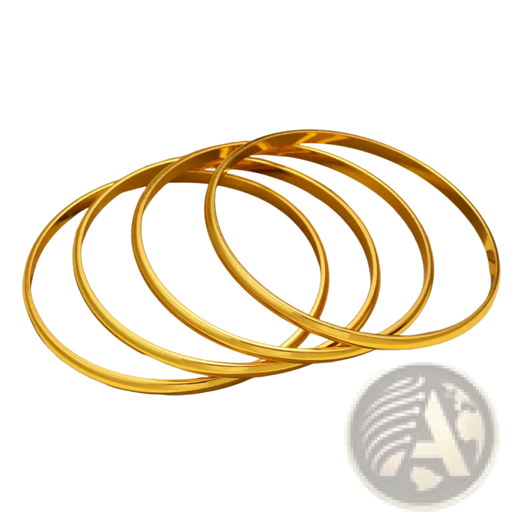 Set of four sleek 18k gold plated minimalist stackable bangles with a smooth reflective finish