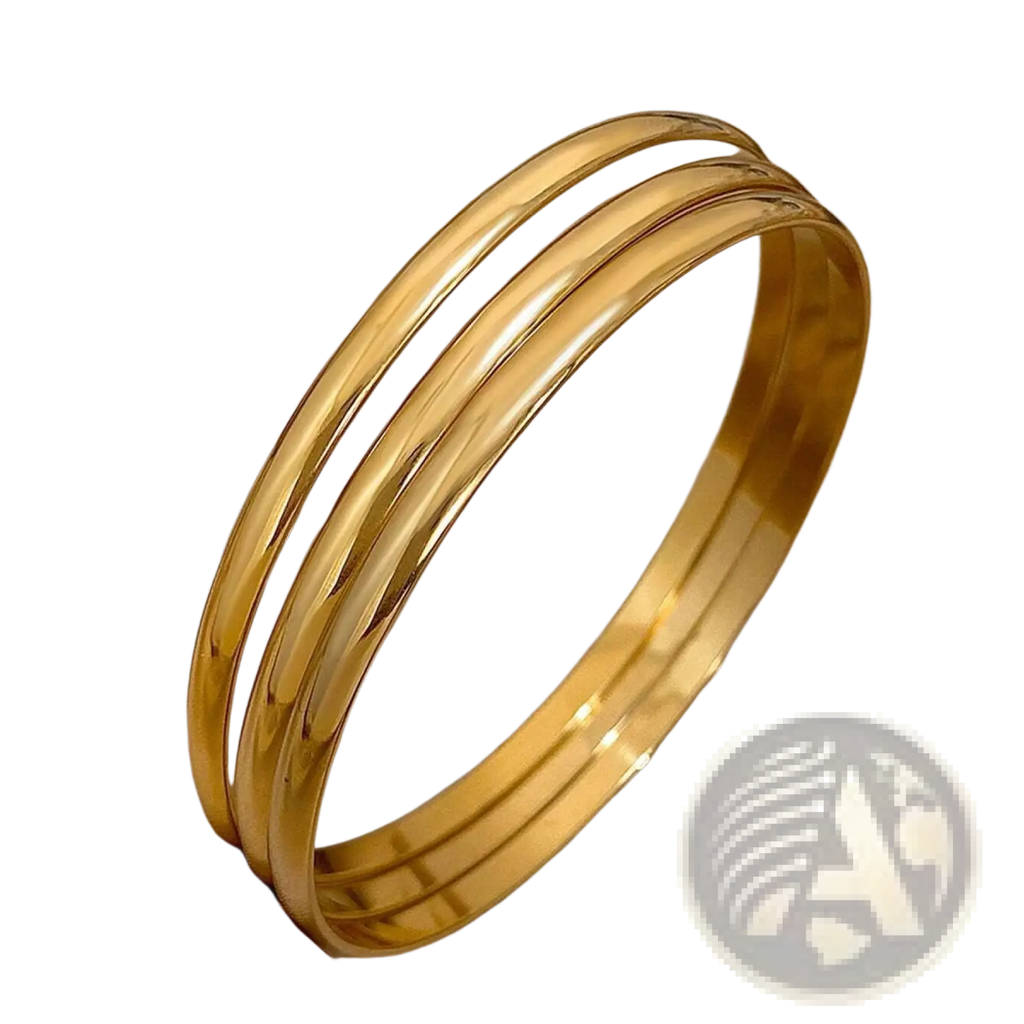 Three sleek polished 18k gold plated minimalist stackable bangles in gold tone for elegant wrist styling
