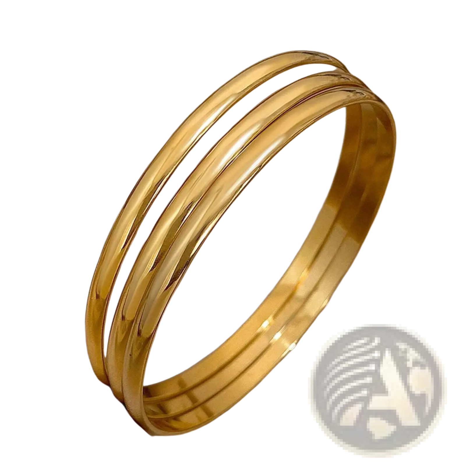 Three sleek polished 18k gold plated minimalist stackable bangles in gold tone for elegant wrist styling