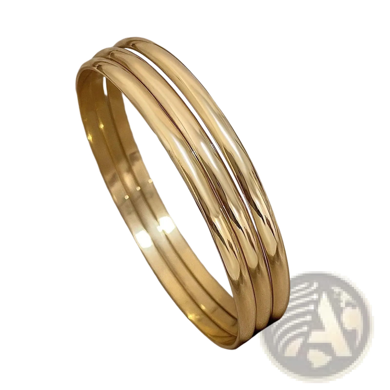 Three sleek gold toned 18k gold plated minimalist stackable bangles with polished metallic finish
