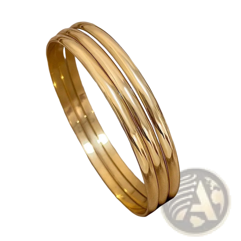 Three sleek polished 18k gold plated minimalist stackable bangles in a gold bangle set
