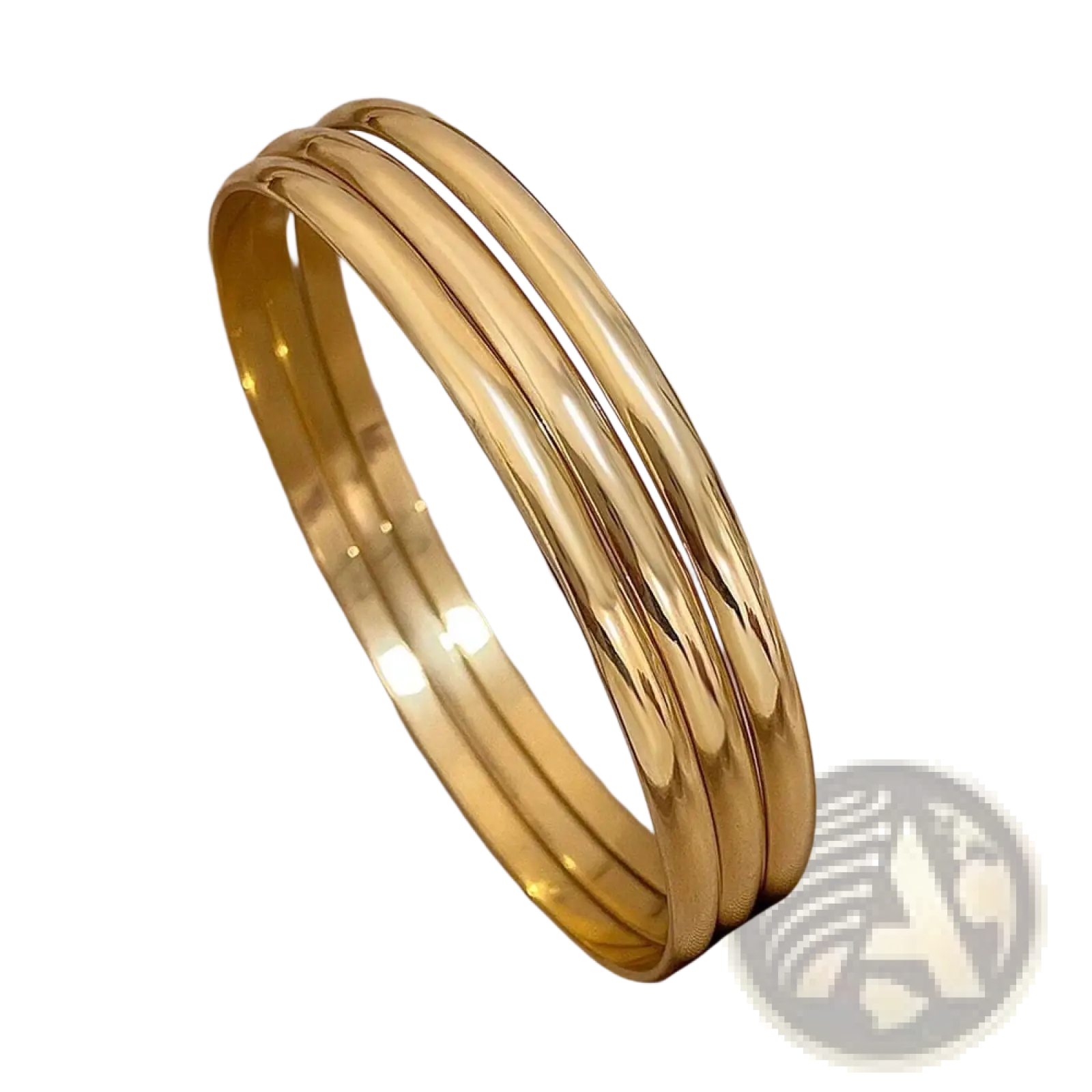 Three sleek polished 18k gold plated minimalist stackable bangles in a gold bangle set
