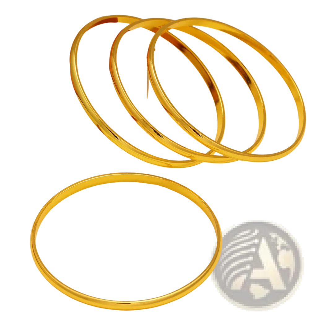 Four sleek polished 18k gold plated minimalist stackable bangles with a smooth reflective finish