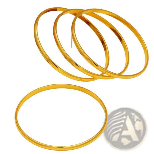 Four sleek polished 18k gold plated minimalist stackable bangles with a smooth reflective finish