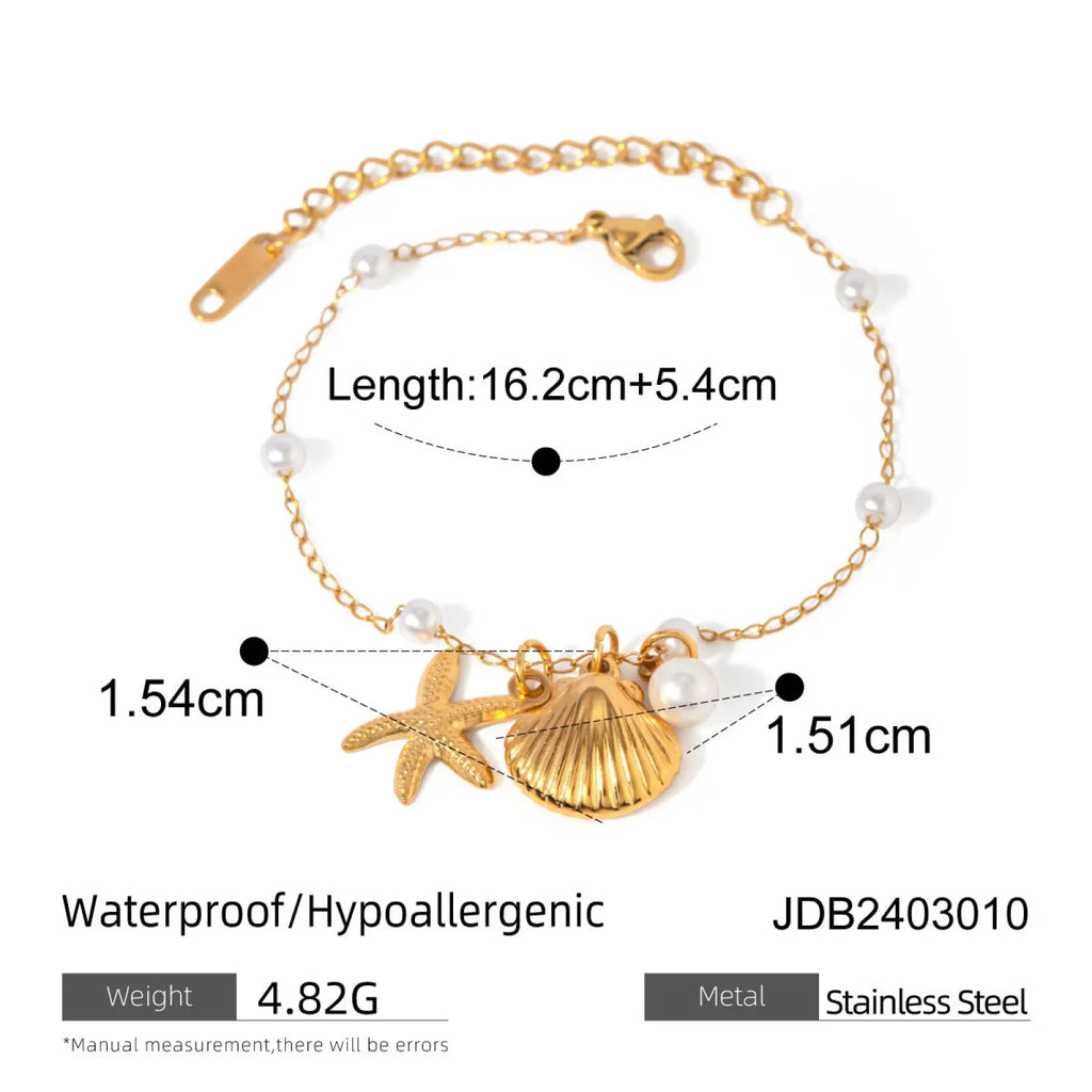 18k gold plated pearl shell and starfish charm anklet with gold-toned stainless steel chain and freshwater pearls