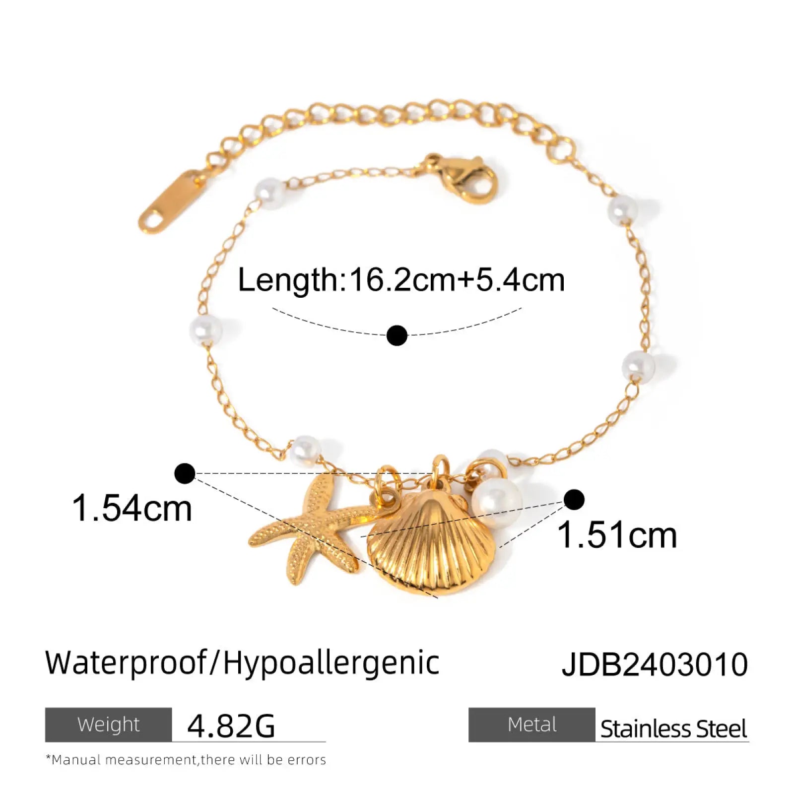 18k gold plated pearl shell and starfish charm anklet with gold-toned stainless steel chain and freshwater pearls