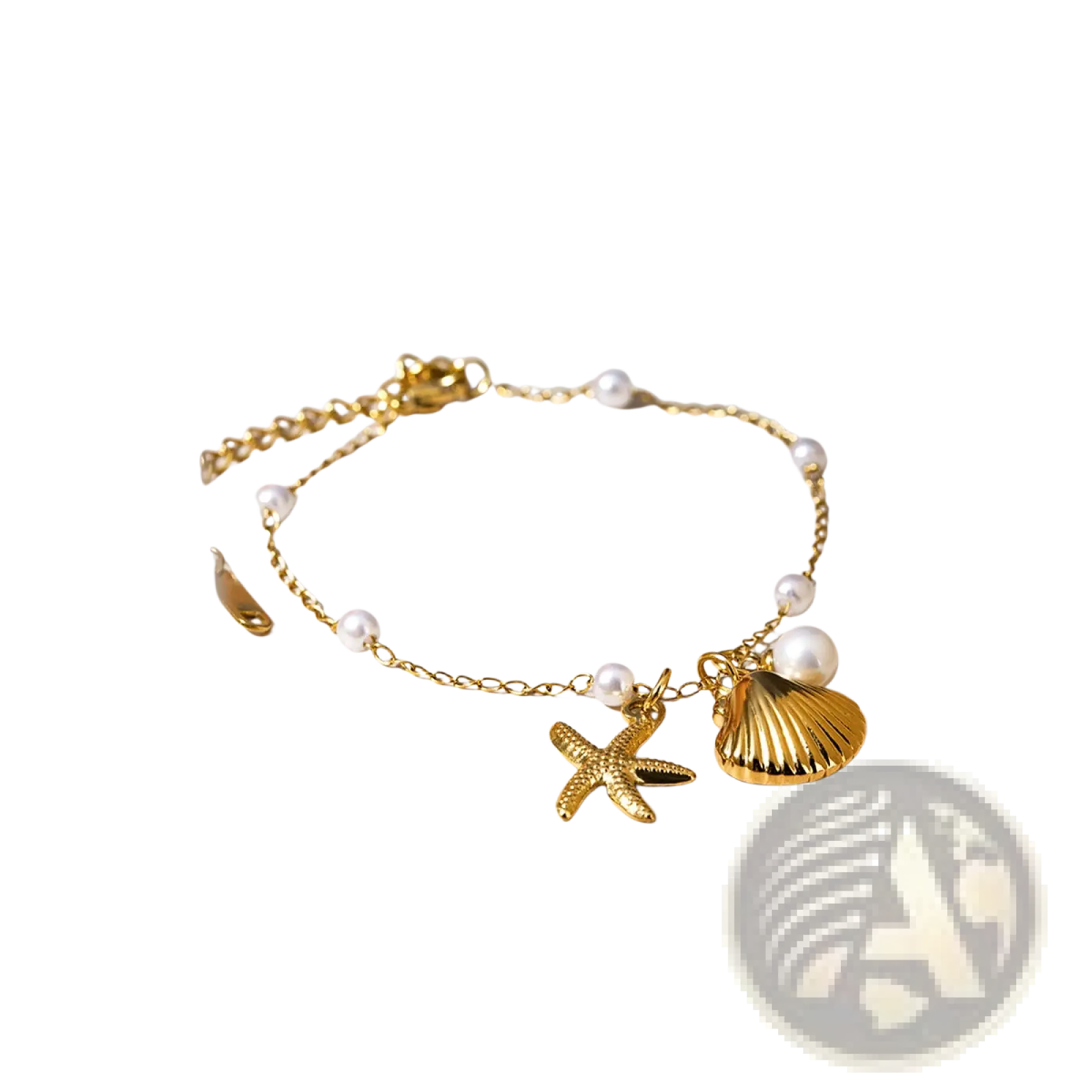 18k gold plated bracelet with delicate chain, white pearls, textured starfish charm, and detailed seashell pendant