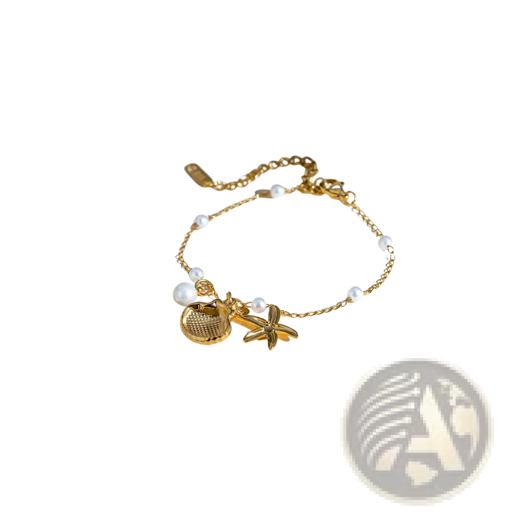 18k gold plated bracelet with delicate chain, white pearls, and sea-themed shell and starfish charms