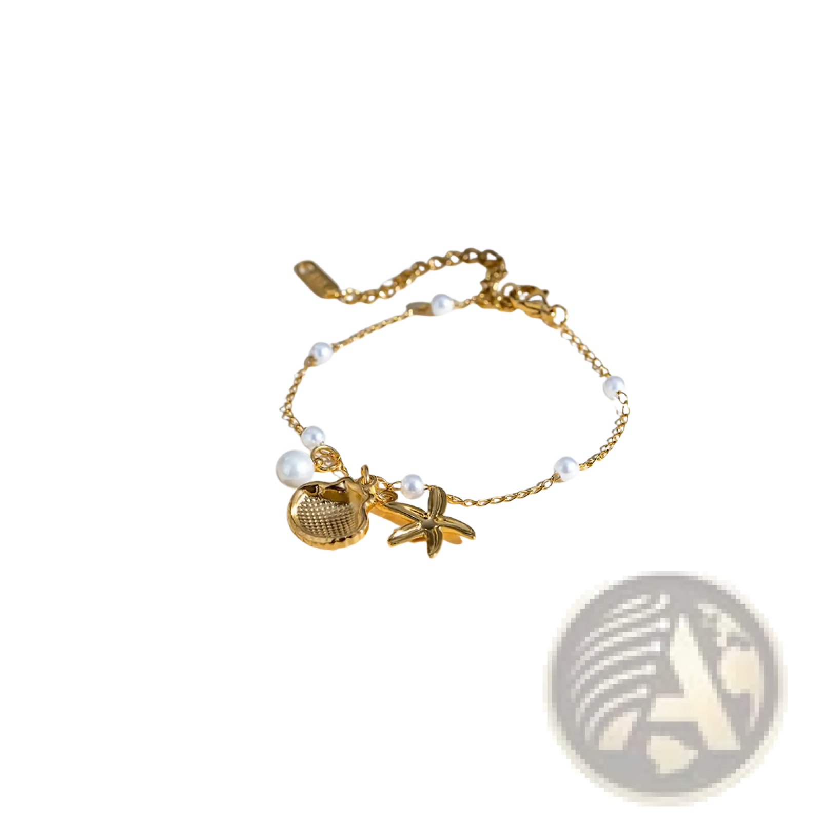 18k gold plated bracelet with delicate chain, white pearls, and sea-themed shell and starfish charms