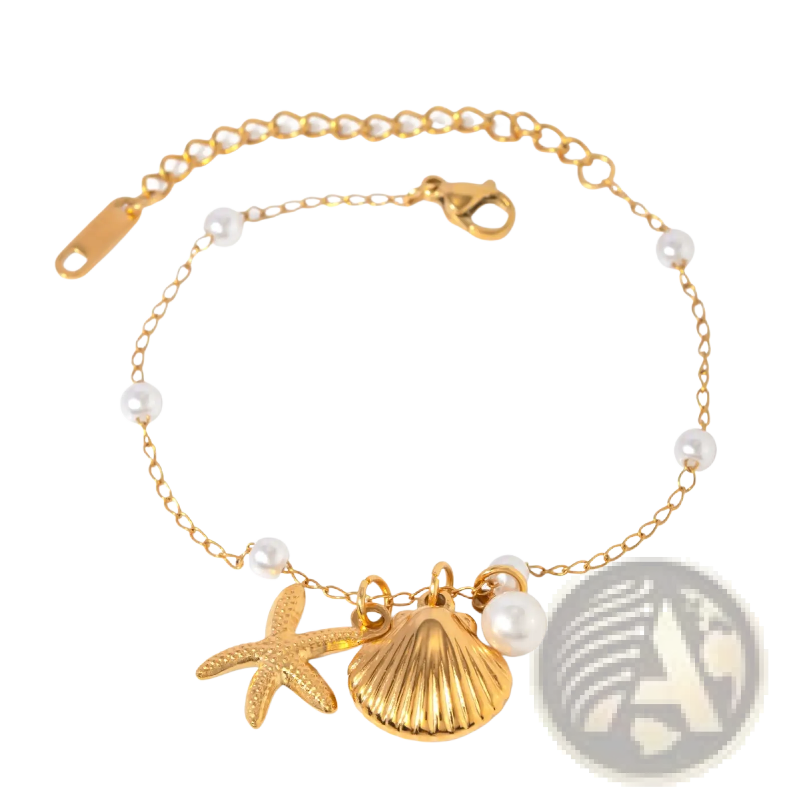 18k gold plated bracelet with delicate chain, white pearls, and starfish and scallop shell charms