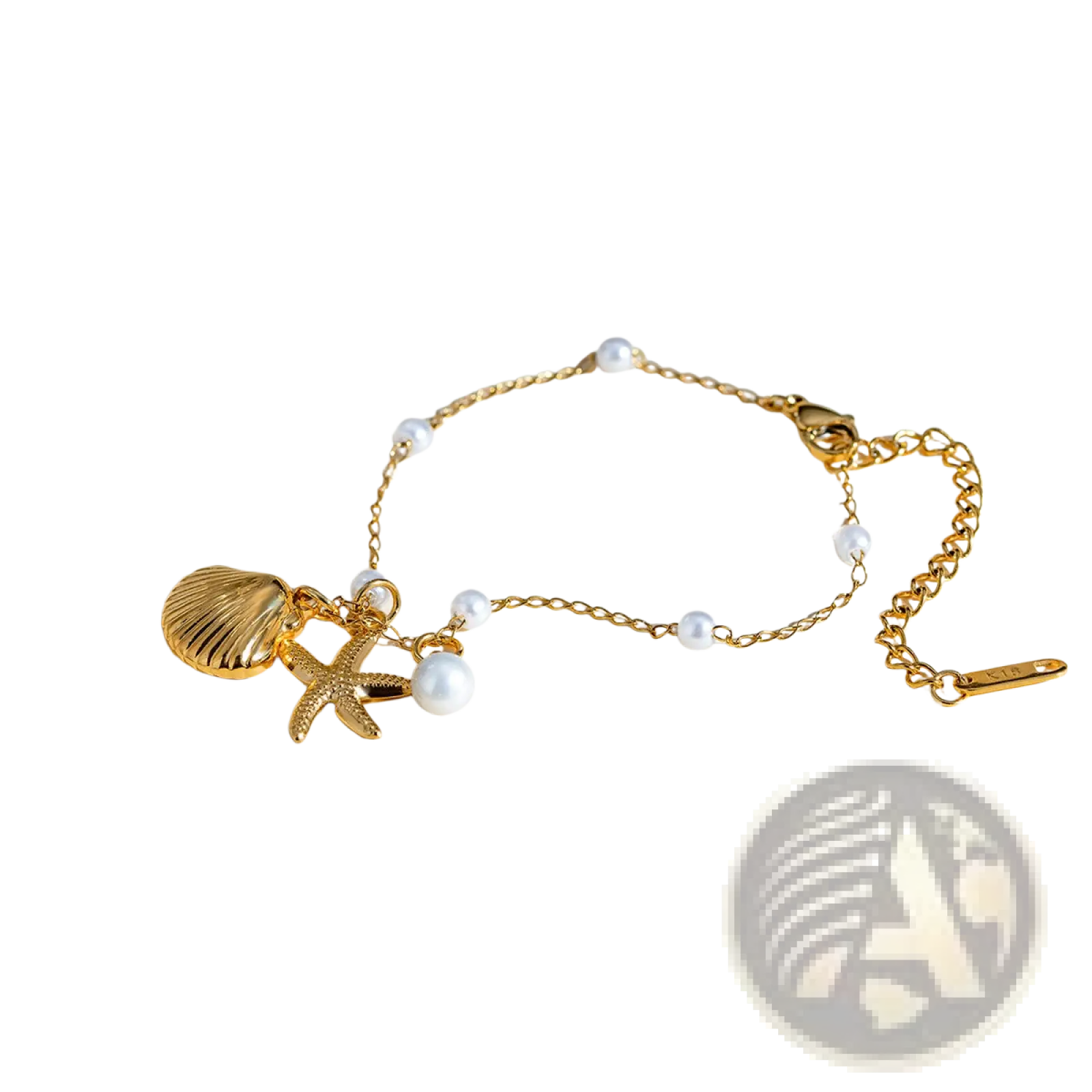 18k gold plated pearl shell and starfish charm bracelet with a delicate gold-toned chain and sea-themed charms