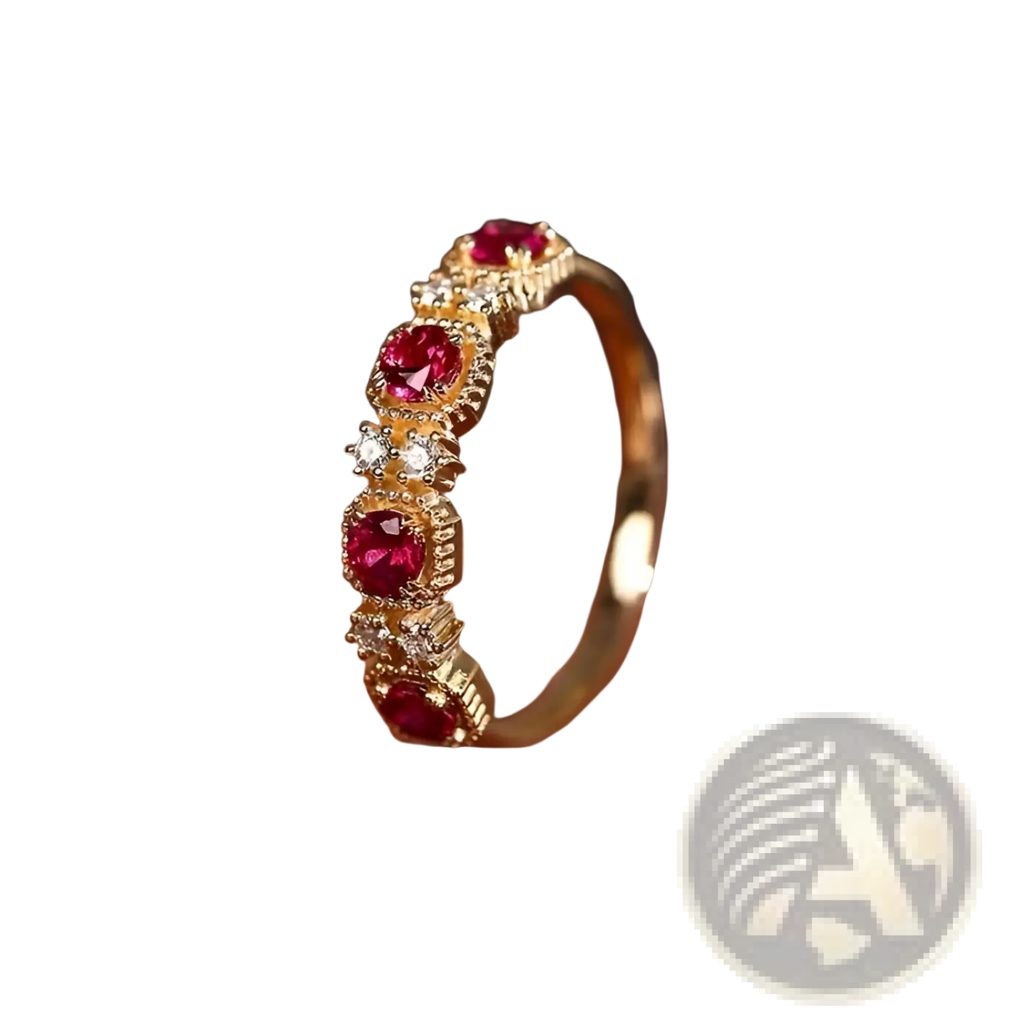18k gold plated band ring featuring five vibrant red pigeon blood rubies in textured bezels with clear diamonds