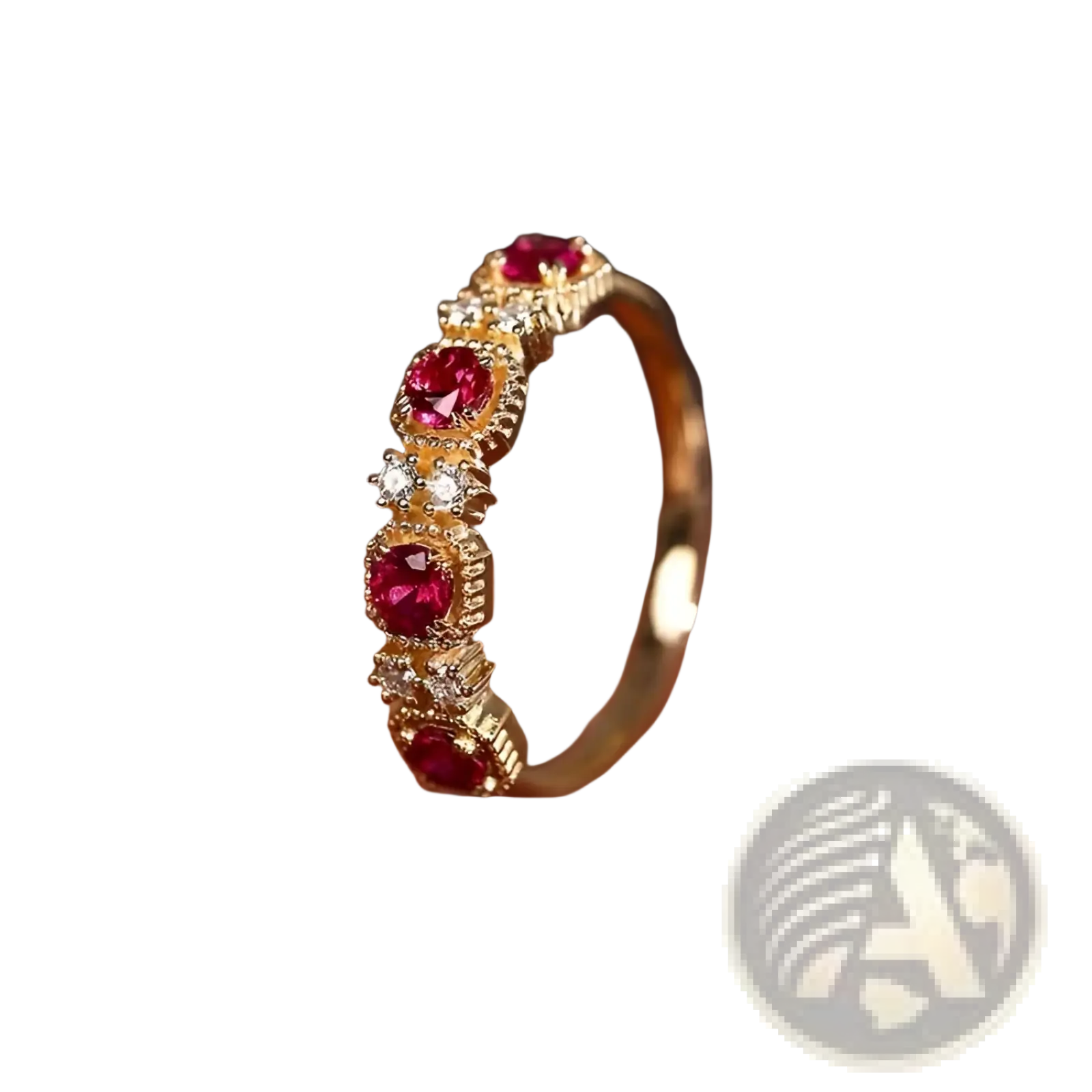 18k gold plated band ring featuring five vibrant red pigeon blood rubies in textured bezels with clear diamonds
