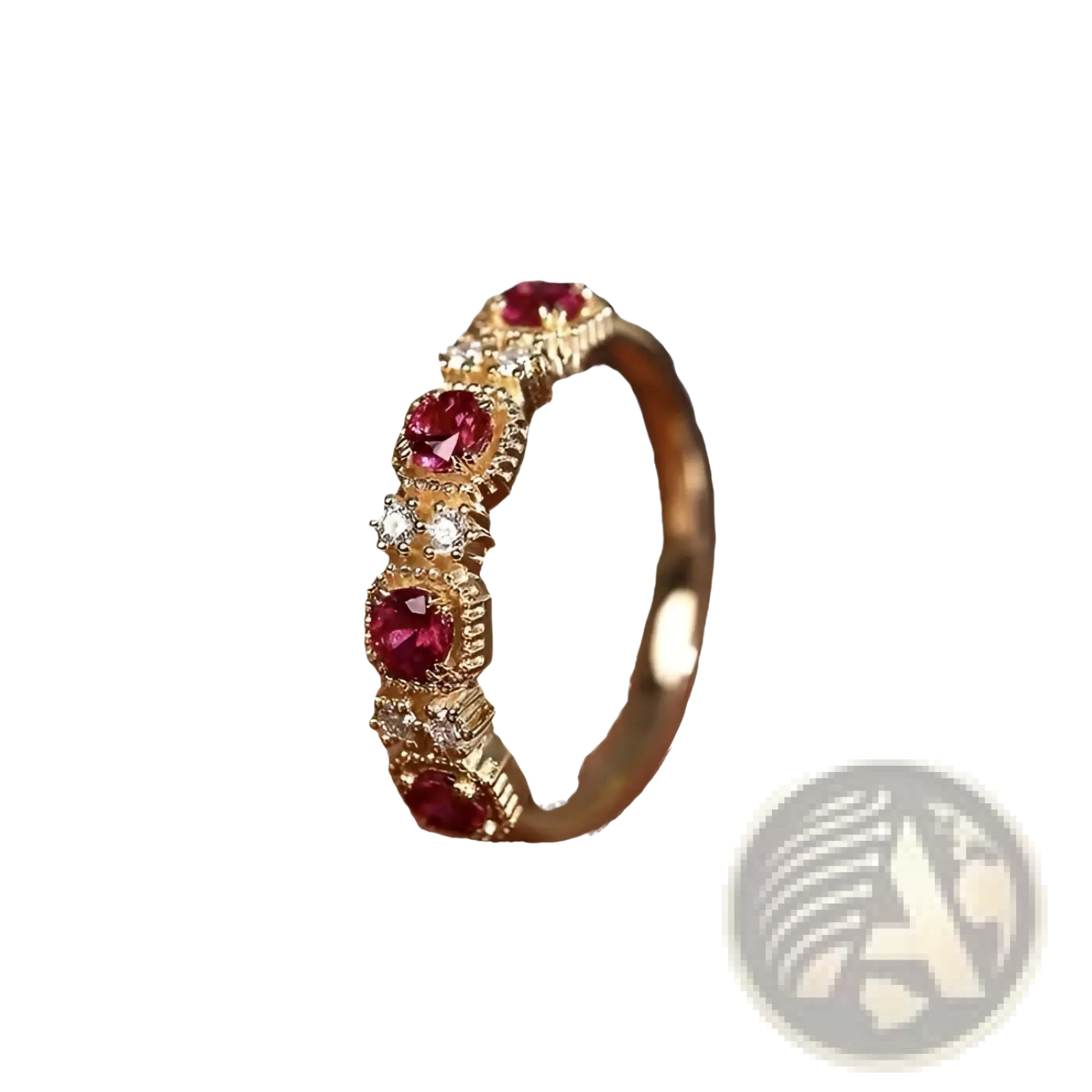 18k gold plated band ring with five pigeon blood ruby gemstones in ornate bezels accented by clear diamonds