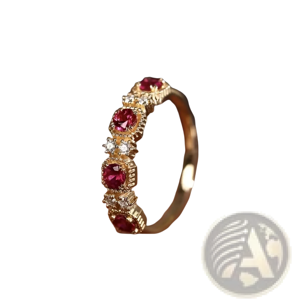 18k gold plated band ring featuring five vibrant red pigeon blood rubies in diamond accented ornate bezels