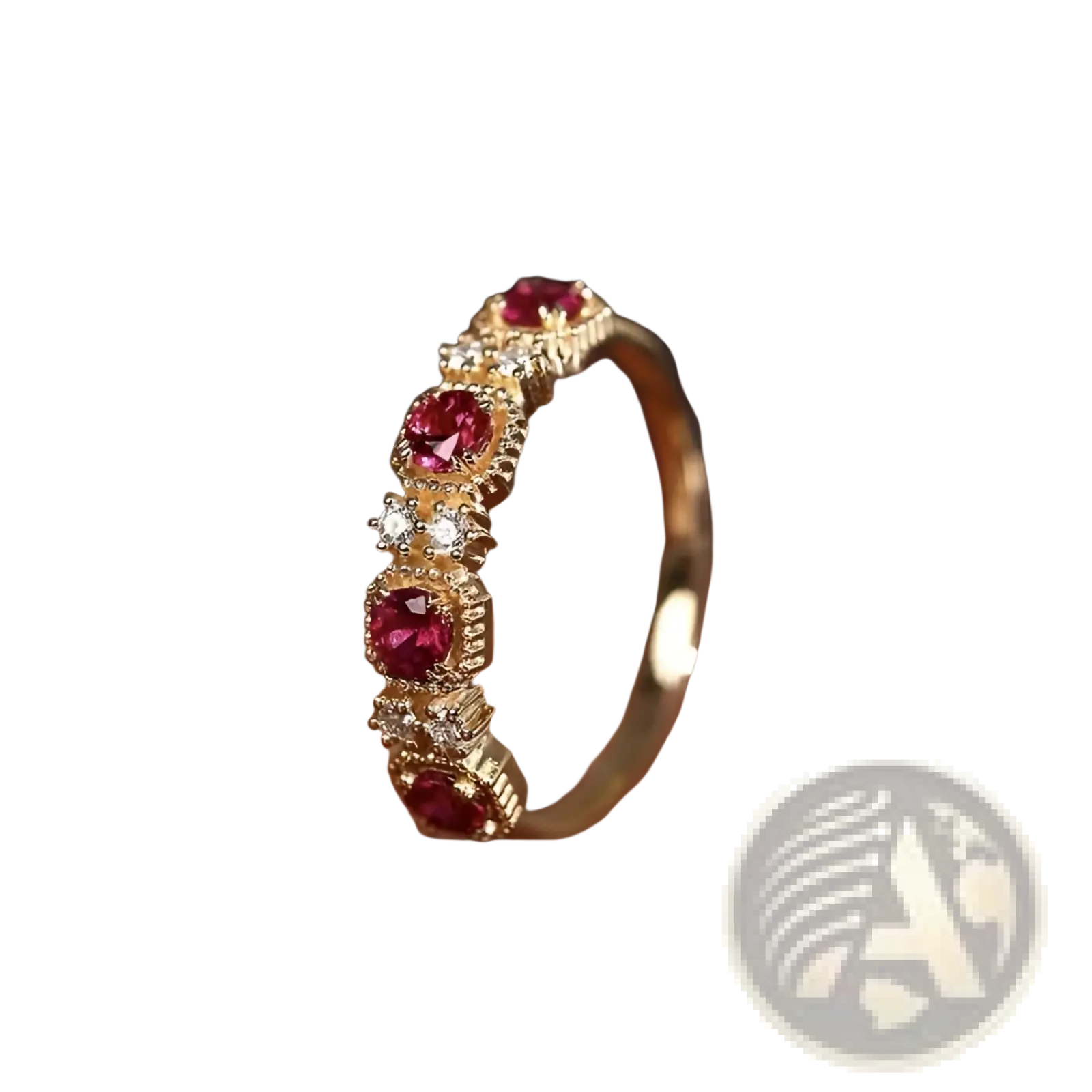 18k gold plated band ring featuring five vibrant red pigeon blood rubies in diamond accented ornate bezels