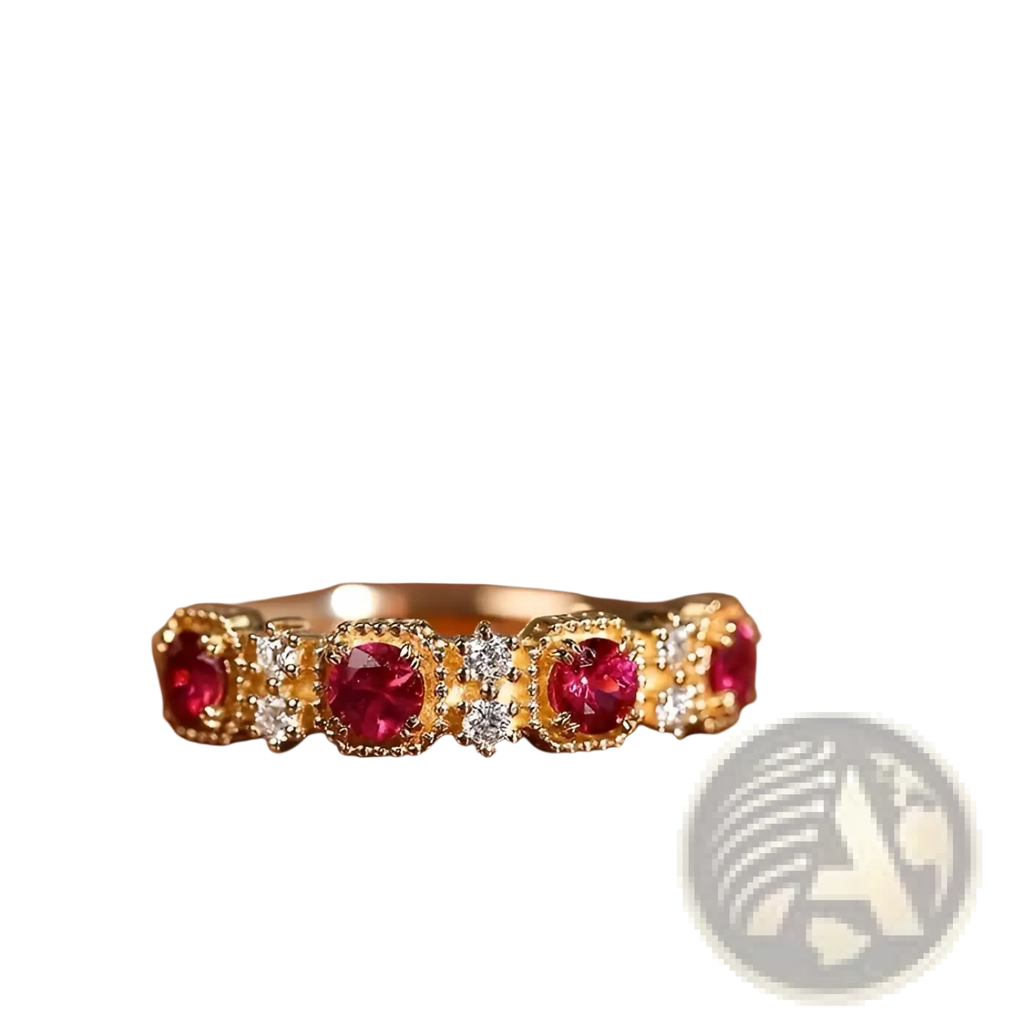 18k gold plated band ring featuring five round pigeon blood rubies set in ornate bezels with clear diamonds