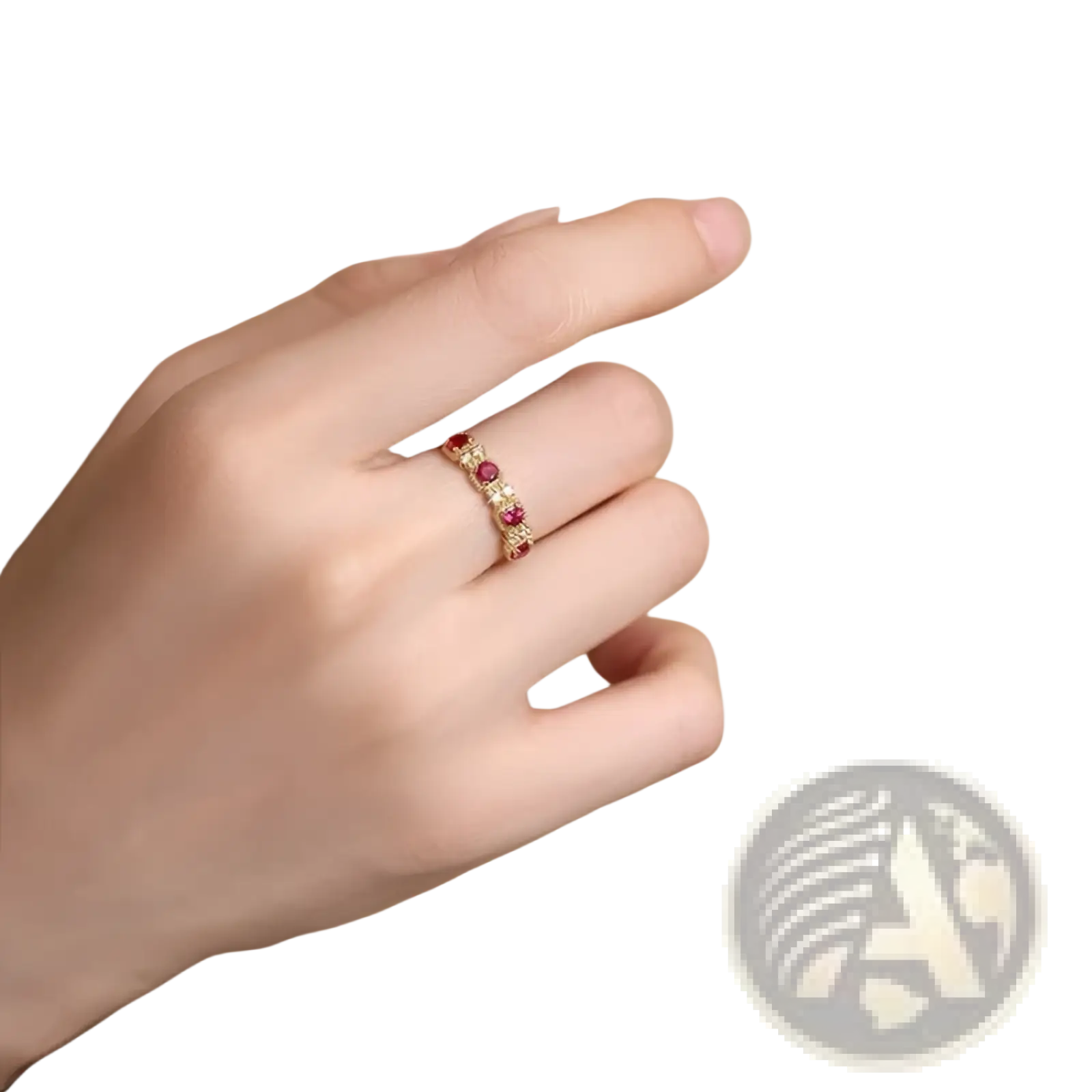 Delicate 18k gold plated band ring with alternating red pigeon blood rubies and sparkling diamonds
