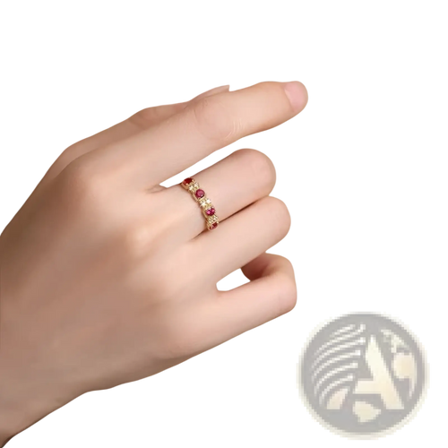 Delicate 18k gold plated band ring with alternating red pigeon blood rubies and sparkling diamonds