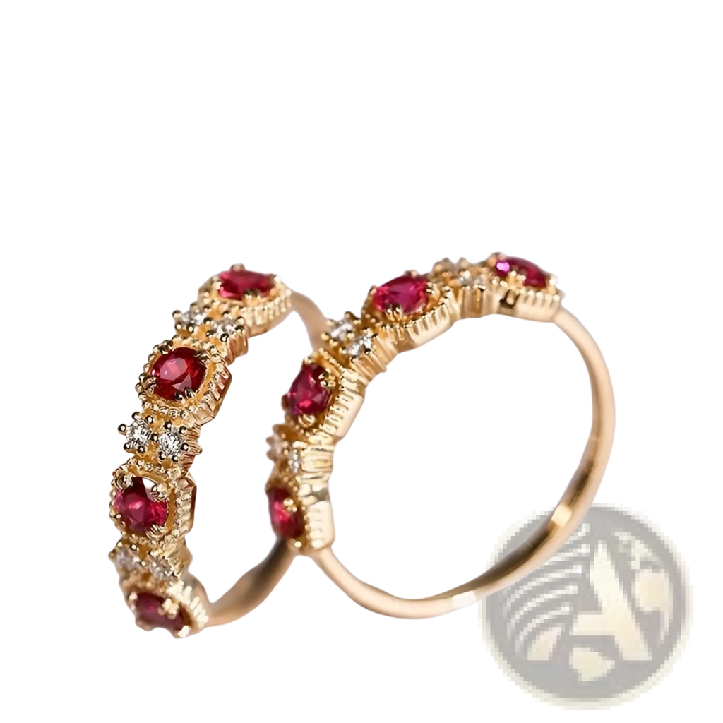 Elegant 18k gold plated band ring featuring vibrant pigeon blood rubies and sparkling diamonds