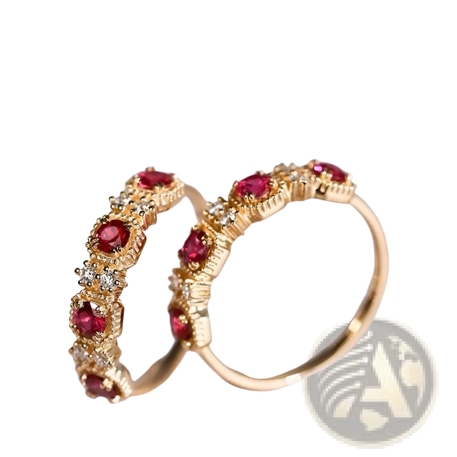 Elegant 18k gold plated band ring featuring vibrant pigeon blood rubies and sparkling diamonds