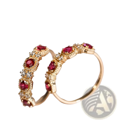 Elegant 18k gold plated band ring featuring vibrant pigeon blood rubies and sparkling diamonds