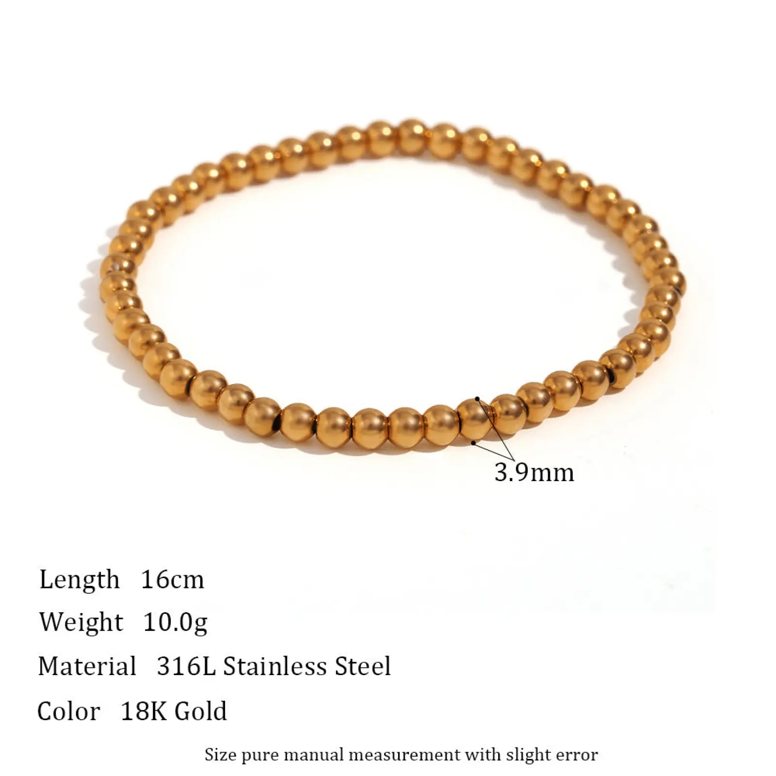 A delicate 16cm 18k gold plated elastic bead bracelet made of polished gold-toned 316l stainless steel spheres