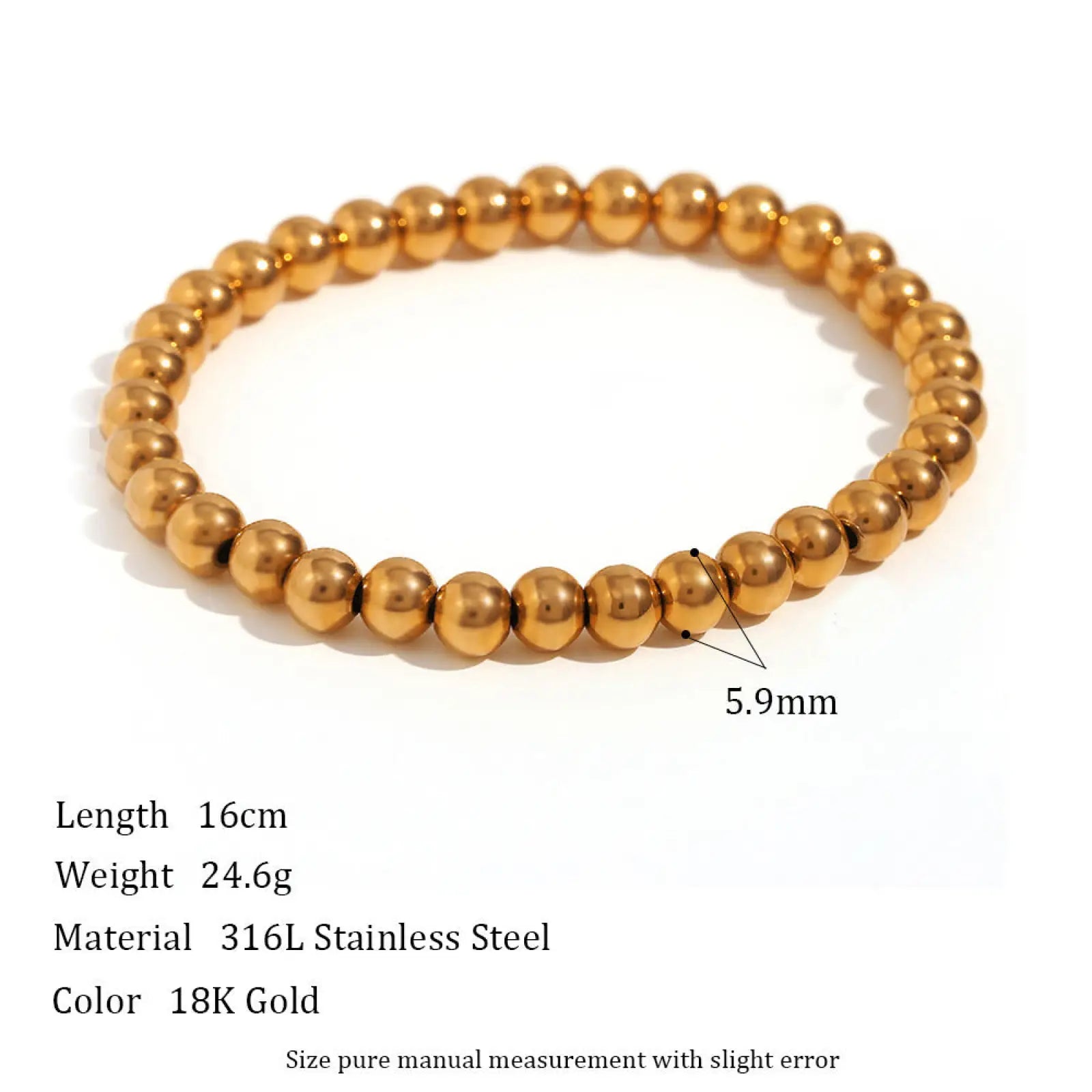 A sleek 16cm 18k gold plated stainless steel elastic bead bracelet with polished gold-toned spherical beads