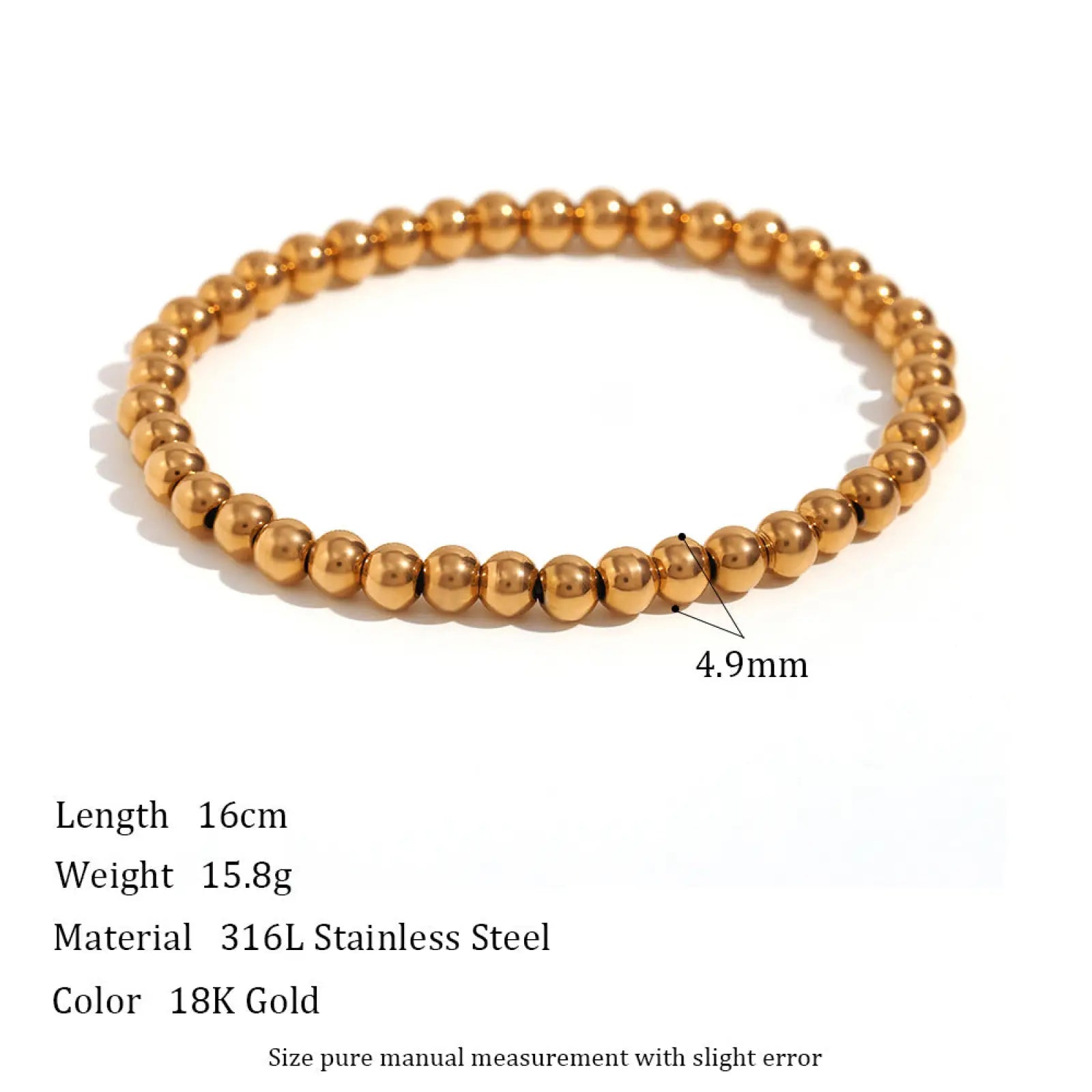 A sleek 18k gold plated stainless steel elastic bead bracelet with polished gold-toned 316l stainless steel beads