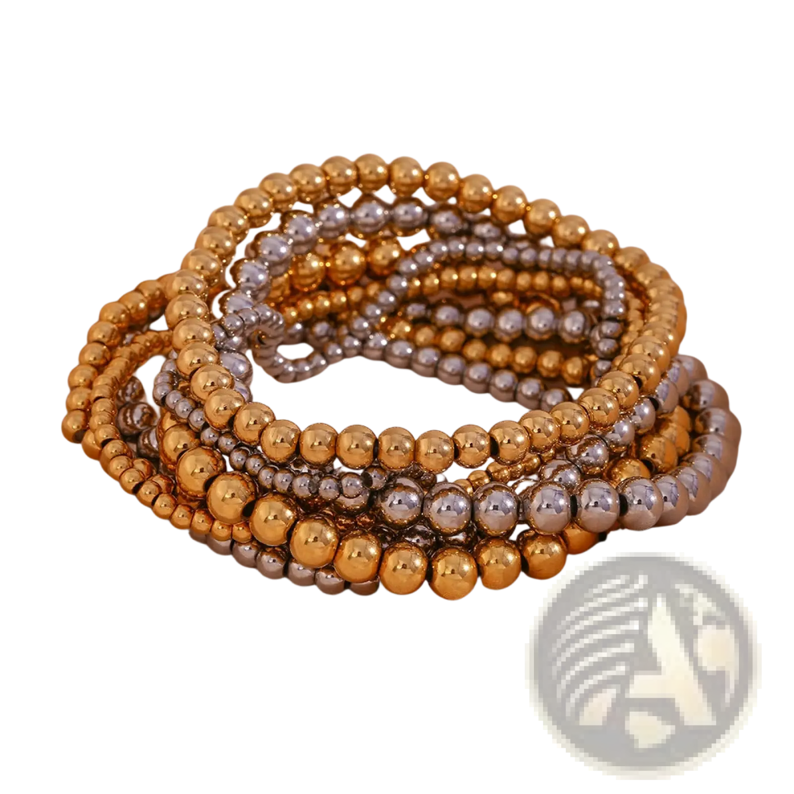 Stacked gold and silver beaded stretch bracelets made of 18k gold plated stainless steel elastic beads